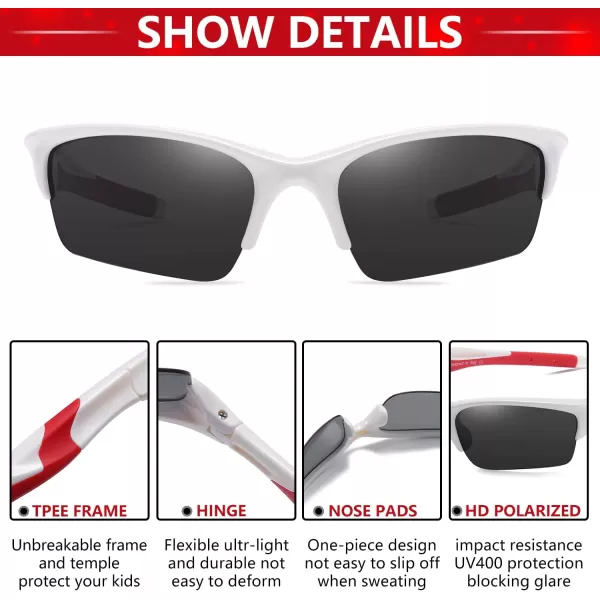 DUCO Kids Sunglasses Boys Sports Sunglasses Youth Polarized Baseball Sunglasses for Boys and Girls Age 68 K014White Frame Red Temple