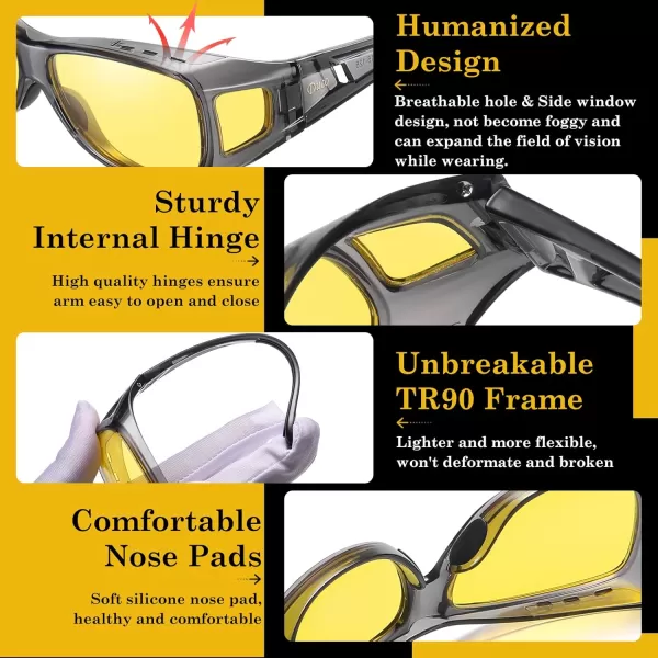 DUCO Night Vision Glasses for Driving at Dusk Rainy Day Anti Glare Fit Over Wrap Around Eyewear Glasses UV400 Polarized 8953YTransparent Grey Size M