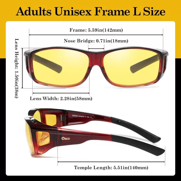 DUCO Night Vision Glasses for Driving at Dusk Rainy Day Anti Glare Fit Over Wrap Around Eyewear Glasses UV400 Polarized 8953YWine Red Size L
