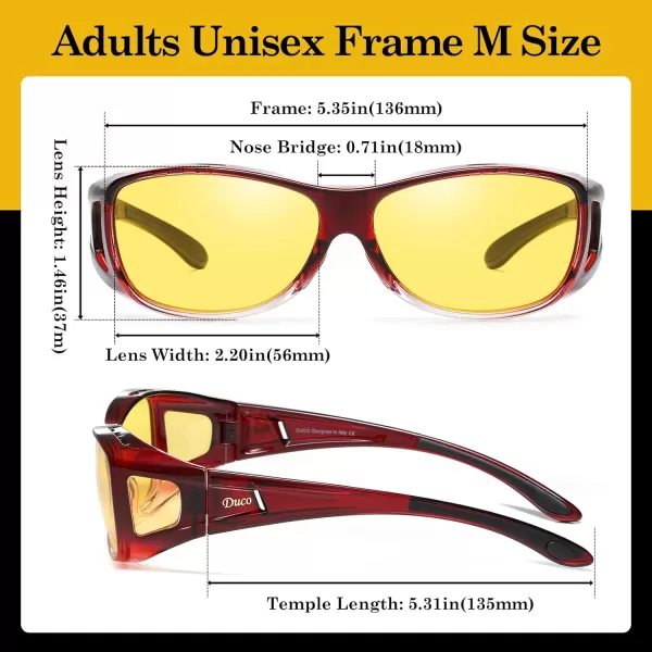DUCO Night Vision Glasses for Driving at Dusk Rainy Day Anti Glare Fit Over Wrap Around Eyewear Glasses UV400 Polarized 8953YWine Red Size M