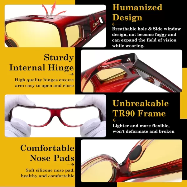 DUCO Night Vision Glasses for Driving at Dusk Rainy Day Anti Glare Fit Over Wrap Around Eyewear Glasses UV400 Polarized 8953YWine Red Size M