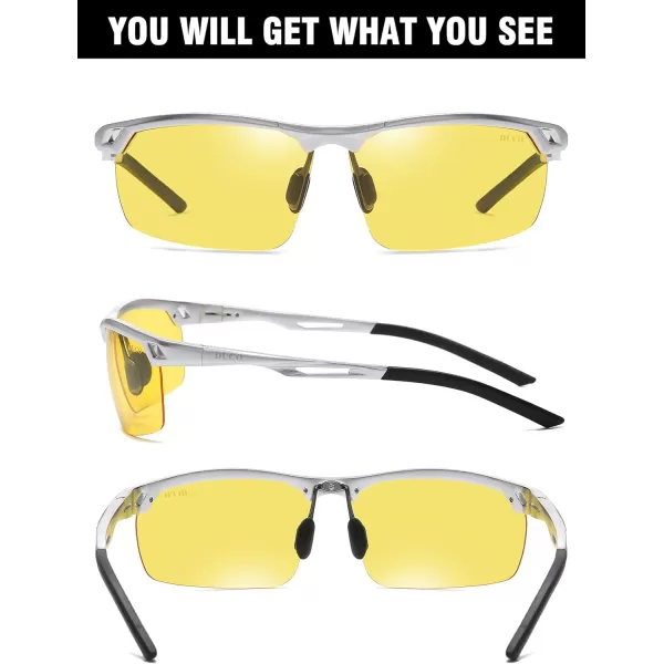 DUCO Nightvision Glasses Polarized Night Driving Mens Shooting GlassesA Silver Frame Yellow Lens