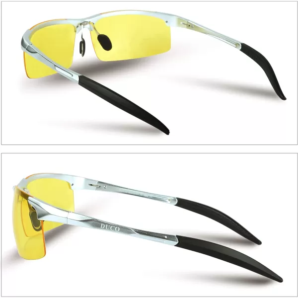 DUCO Nightvision Glasses Polarized Night Driving Mens Shooting GlassesSilver Frame Yellow Lens