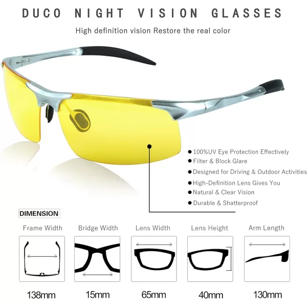 DUCO Nightvision Glasses Polarized Night Driving Mens Shooting GlassesSilver Frame Yellow Lens