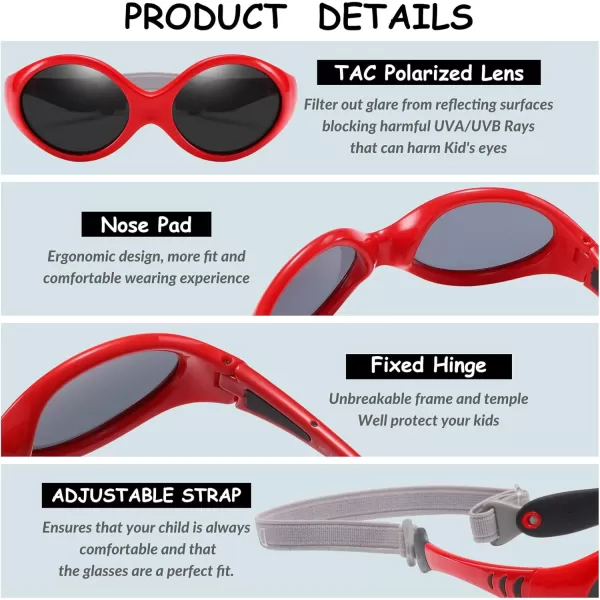 DUCO Polarized Baby Sunglasses with Strap for Newborn Toddler 024 MonthsUV Protection Flexible Infant Sunglasses 02 YearsRed