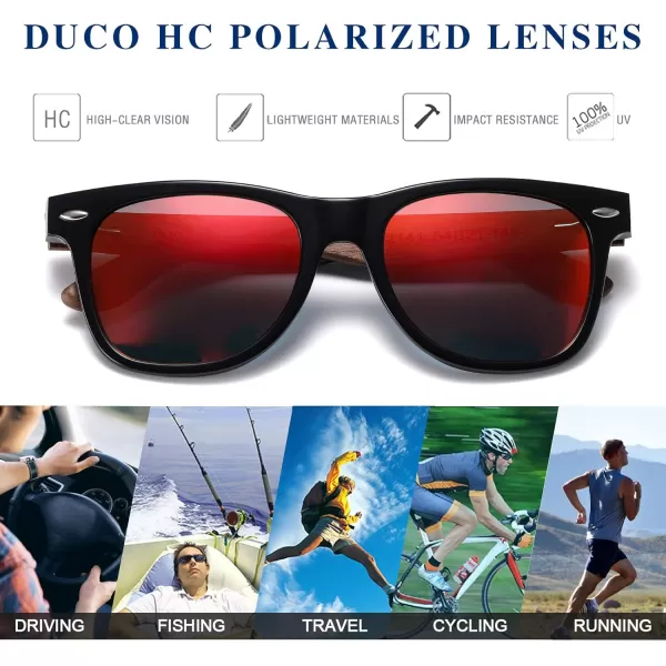 DUCO Polarized Driving Handmade Walnut Wooden 100 UV 400 Protection Sunglasses for Men 2141Black Frame Revo Red Lens