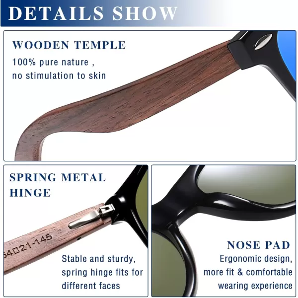 DUCO Polarized Driving Handmade Walnut Wooden 100 UV 400 Protection Sunglasses for Men 2141Blue Lens Walnut Temple