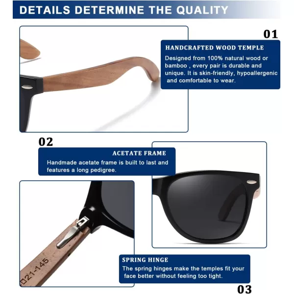 DUCO Polarized Driving Handmade Walnut Wooden 100 UV 400 Protection Sunglasses for Men 2141Grey Lens Walnut Temple