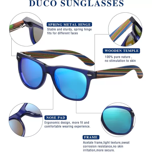 DUCO Polarized Driving Handmade Walnut Wooden 100 UV 400 Protection Sunglasses for Men 2141Transparent Blue Frame Revo Blue Lens