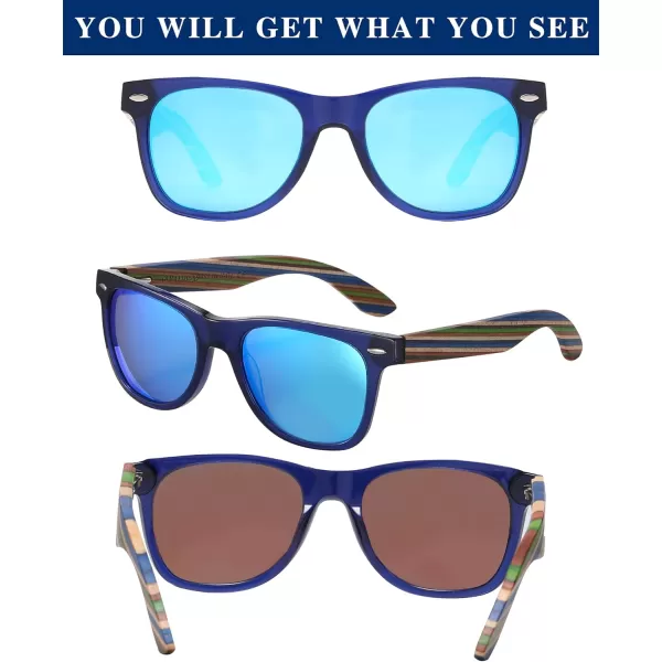 DUCO Polarized Driving Handmade Walnut Wooden 100 UV 400 Protection Sunglasses for Men 2141Transparent Blue Frame Revo Blue Lens