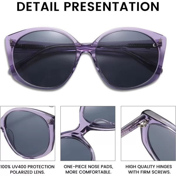 DUCO Polarized Oversized Sunglasses for Women Trendy Round Designer Sun Glasses Big Shades UV400 Protection DC1106Transparent Purple Frame Grey Lens