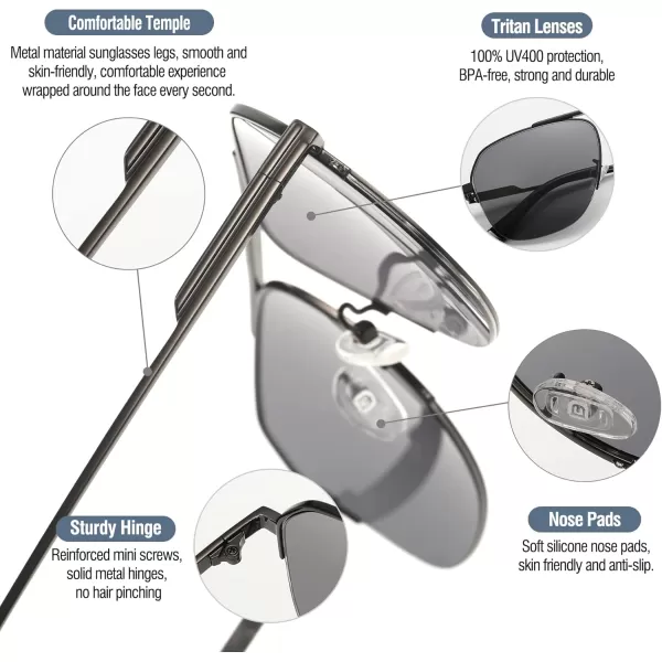 DUCO Retro Aviator Sunglasses for Mens Womens SemiRimless NonPolarized Trendy Sun Glasses Metal Frame for Driving DC3035Black Frame Grey Lens