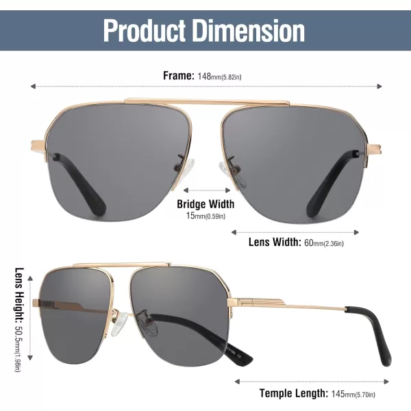 DUCO Retro Aviator Sunglasses for Mens Womens SemiRimless NonPolarized Trendy Sun Glasses Metal Frame for Driving DC3035Gold Frame Grey Lens