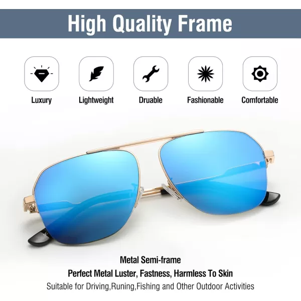 DUCO Retro Aviator Sunglasses for Mens Womens SemiRimless NonPolarized Trendy Sun Glasses Metal Frame for Driving DC3035Gold Frame Revo Blue Lens