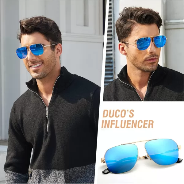 DUCO Retro Aviator Sunglasses for Mens Womens SemiRimless NonPolarized Trendy Sun Glasses Metal Frame for Driving DC3035Gold Frame Revo Blue Lens