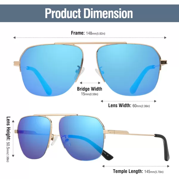 DUCO Retro Aviator Sunglasses for Mens Womens SemiRimless NonPolarized Trendy Sun Glasses Metal Frame for Driving DC3035Gold Frame Revo Blue Lens