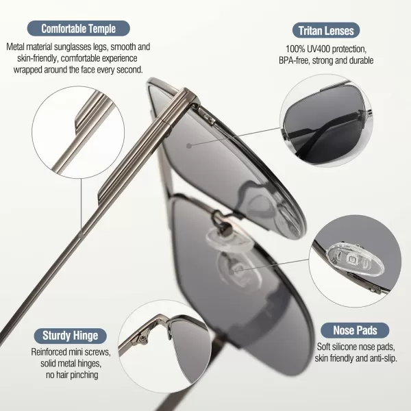 DUCO Retro Aviator Sunglasses for Mens Womens SemiRimless NonPolarized Trendy Sun Glasses Metal Frame for Driving DC3035Gunmetal Frame Grey Lens