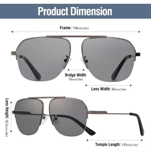 DUCO Retro Aviator Sunglasses for Mens Womens SemiRimless NonPolarized Trendy Sun Glasses Metal Frame for Driving DC3035Gunmetal Frame Grey Lens