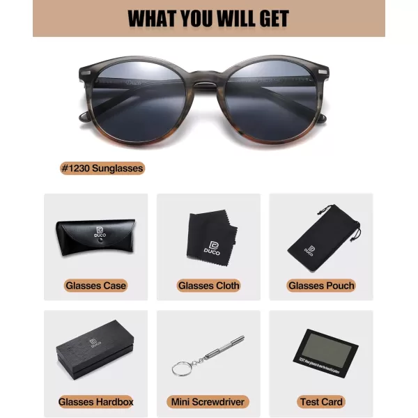DUCO Retro Round UV400 Polarized Sunglasses for Women Men Vintage Shades Classic Acetate Trendy Fashion Sunglass DC1230Black Copper Frame Grey Lens