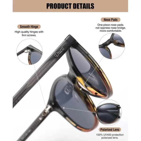 DUCO Retro Round UV400 Polarized Sunglasses for Women Men Vintage Shades Classic Acetate Trendy Fashion Sunglass DC1230Black Copper Frame Grey Lens