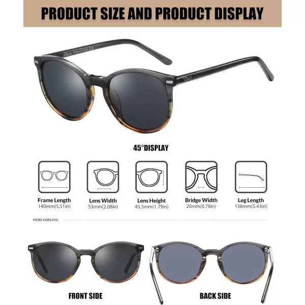 DUCO Retro Round UV400 Polarized Sunglasses for Women Men Vintage Shades Classic Acetate Trendy Fashion Sunglass DC1230Black Copper Frame Grey Lens