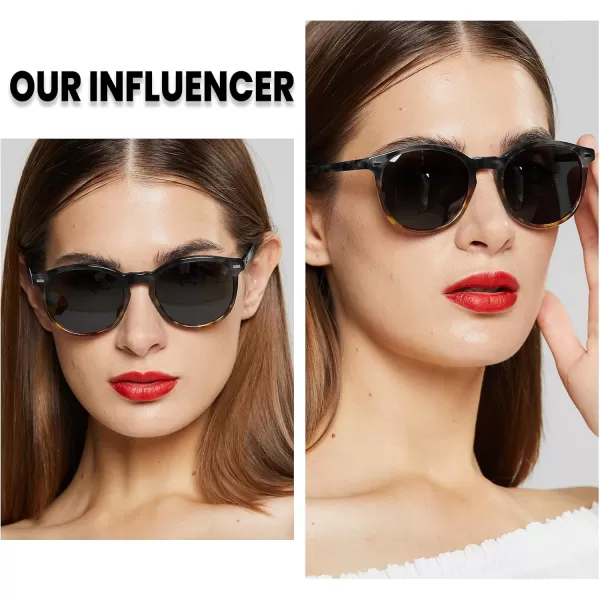 DUCO Retro Round UV400 Polarized Sunglasses for Women Men Vintage Shades Classic Acetate Trendy Fashion Sunglass DC1230Black Copper Frame Grey Lens