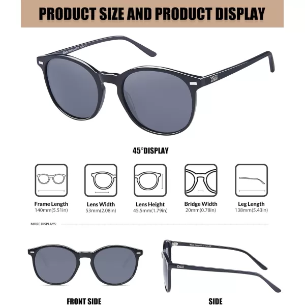 DUCO Retro Round UV400 Polarized Sunglasses for Women Men Vintage Shades Classic Acetate Trendy Fashion Sunglass DC1230Black Frame Grey Lens
