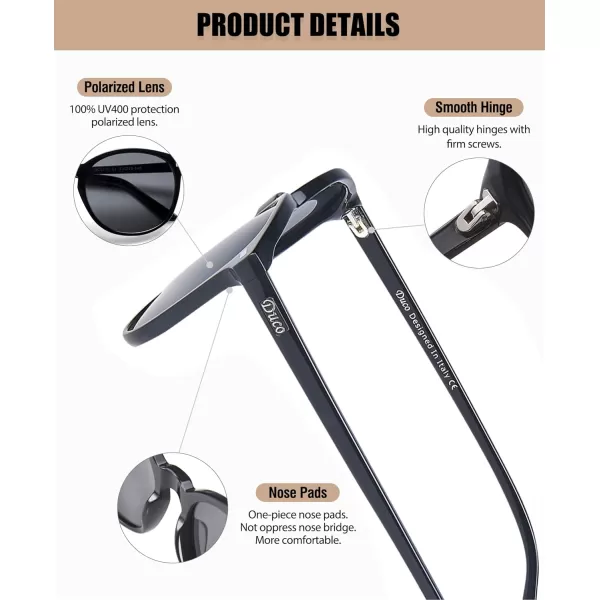DUCO Retro Round UV400 Polarized Sunglasses for Women Men Vintage Shades Classic Acetate Trendy Fashion Sunglass DC1230Black Frame Grey Lens