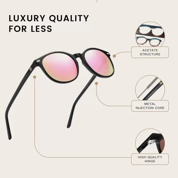 DUCO Retro Round UV400 Polarized Sunglasses for Women Men Vintage Shades Classic Acetate Trendy Fashion Sunglass DC1230Black Frame Revo Pink Lens