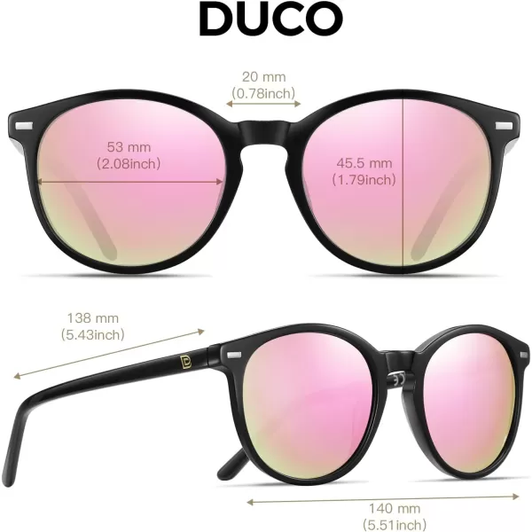 DUCO Retro Round UV400 Polarized Sunglasses for Women Men Vintage Shades Classic Acetate Trendy Fashion Sunglass DC1230Black Frame Revo Pink Lens