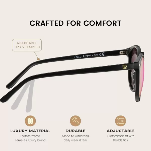 DUCO Retro Round UV400 Polarized Sunglasses for Women Men Vintage Shades Classic Acetate Trendy Fashion Sunglass DC1230Black Frame Revo Pink Lens