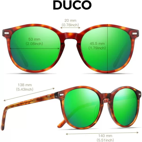 DUCO Retro Round UV400 Polarized Sunglasses for Women Men Vintage Shades Classic Acetate Trendy Fashion Sunglass DC1230Brown Tortoise Frame Revo Green Lens