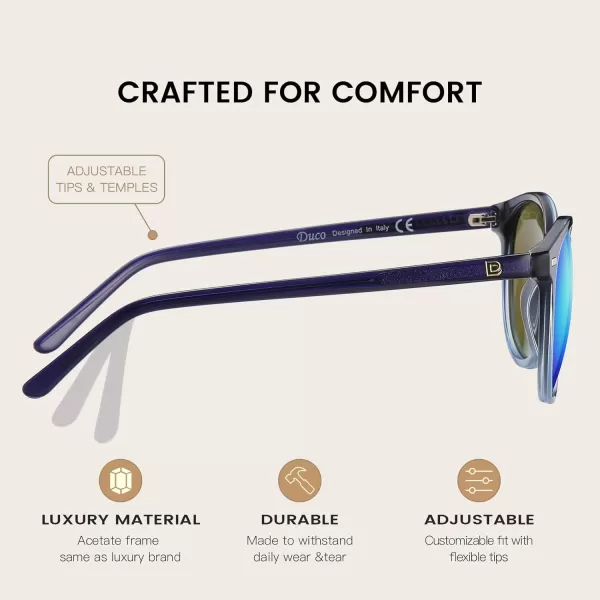 DUCO Retro Round UV400 Polarized Sunglasses for Women Men Vintage Shades Classic Acetate Trendy Fashion Sunglass DC1230Catalina Blue Frame Revo Blue Lens