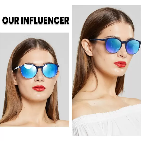 DUCO Retro Round UV400 Polarized Sunglasses for Women Men Vintage Shades Classic Acetate Trendy Fashion Sunglass DC1230Catalina Blue Frame Revo Blue Lens