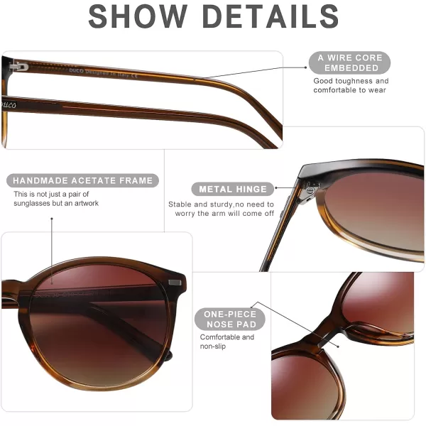 DUCO Retro Round UV400 Polarized Sunglasses for Women Men Vintage Shades Classic Acetate Trendy Fashion Sunglass DC1230Gradient Brown Frame Brown Lens