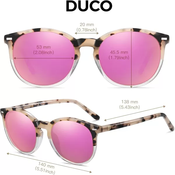 DUCO Retro Round UV400 Polarized Sunglasses for Women Men Vintage Shades Classic Acetate Trendy Fashion Sunglass DC1230Grey Tortoise Frame Revo Pink Lens