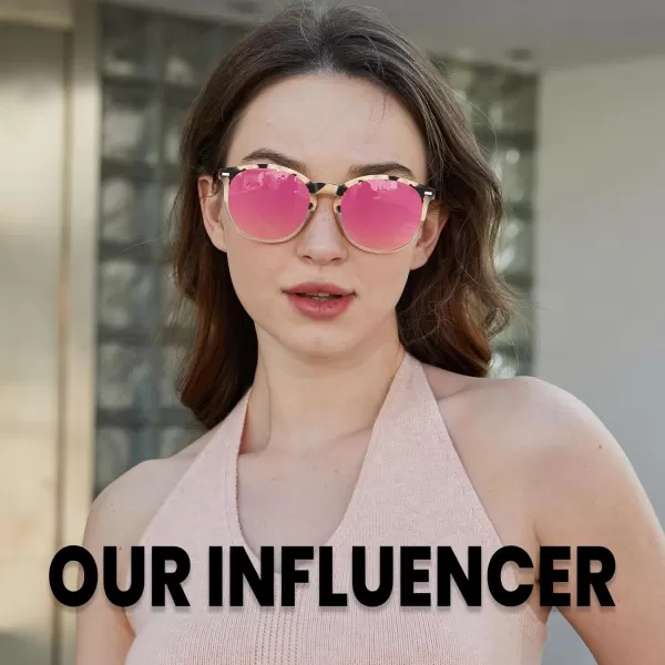 DUCO Retro Round UV400 Polarized Sunglasses for Women Men Vintage Shades Classic Acetate Trendy Fashion Sunglass DC1230Grey Tortoise Frame Revo Pink Lens