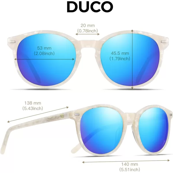 DUCO Retro Round UV400 Polarized Sunglasses for Women Men Vintage Shades Classic Acetate Trendy Fashion Sunglass DC1230Mermaid White Frame Revo Blue Lens