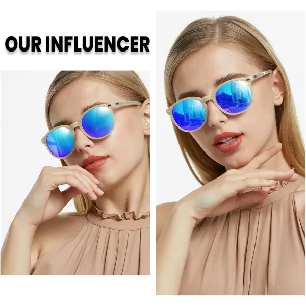 DUCO Retro Round UV400 Polarized Sunglasses for Women Men Vintage Shades Classic Acetate Trendy Fashion Sunglass DC1230Mermaid White Frame Revo Blue Lens
