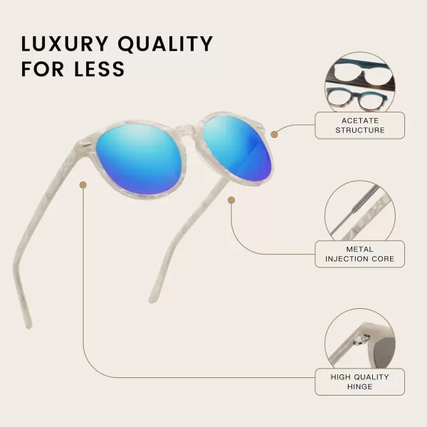 DUCO Retro Round UV400 Polarized Sunglasses for Women Men Vintage Shades Classic Acetate Trendy Fashion Sunglass DC1230Mermaid White Frame Revo Blue Lens