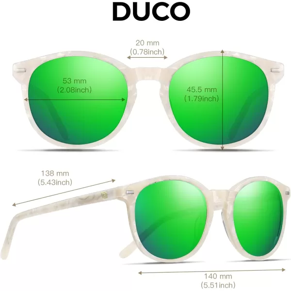 DUCO Retro Round UV400 Polarized Sunglasses for Women Men Vintage Shades Classic Acetate Trendy Fashion Sunglass DC1230Mermaid White Frame Revo Green Lens
