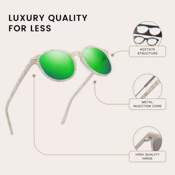 DUCO Retro Round UV400 Polarized Sunglasses for Women Men Vintage Shades Classic Acetate Trendy Fashion Sunglass DC1230Mermaid White Frame Revo Green Lens
