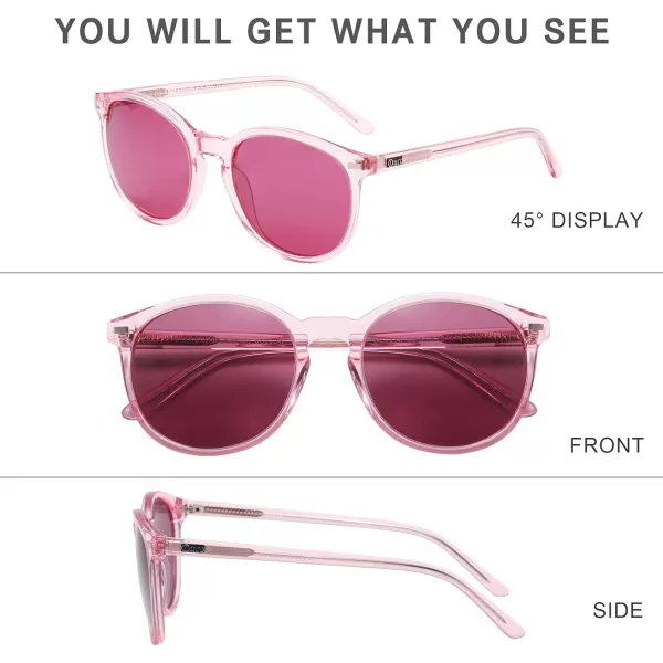 DUCO Retro Round UV400 Polarized Sunglasses for Women Men Vintage Shades Classic Acetate Trendy Fashion Sunglass DC1230Pink Frame Purple Lens