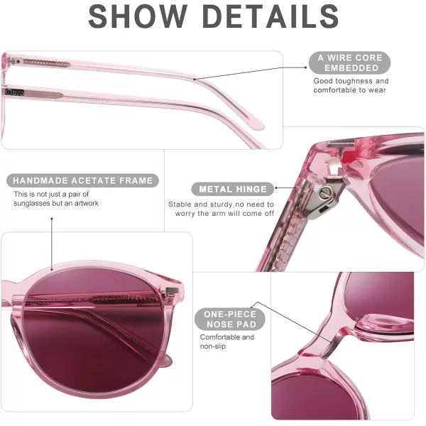 DUCO Retro Round UV400 Polarized Sunglasses for Women Men Vintage Shades Classic Acetate Trendy Fashion Sunglass DC1230Pink Frame Purple Lens