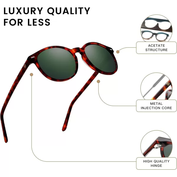 DUCO Retro Round UV400 Polarized Sunglasses for Women Men Vintage Shades Classic Acetate Trendy Fashion Sunglass DC1230Tortoise Frame G15 Green Lens