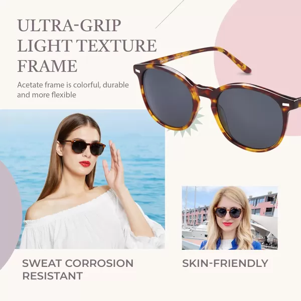 DUCO Retro Round UV400 Polarized Sunglasses for Women Men Vintage Shades Classic Acetate Trendy Fashion Sunglass DC1230Tortoise Frame Grey Lens