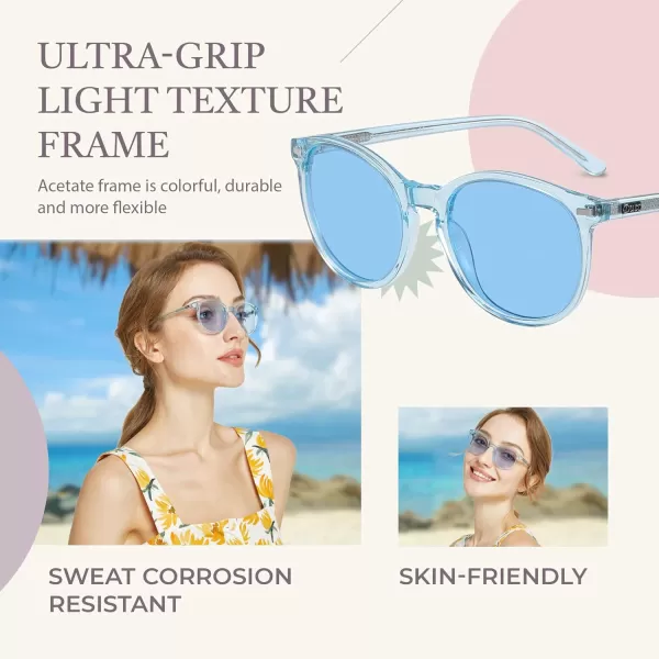 DUCO Retro Round UV400 Polarized Sunglasses for Women Men Vintage Shades Classic Acetate Trendy Fashion Sunglass DC1230Transparent Blue Frame Blue Lens