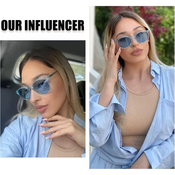 DUCO Retro Round UV400 Polarized Sunglasses for Women Men Vintage Shades Classic Acetate Trendy Fashion Sunglass DC1230Transparent Blue Frame Blue Lens