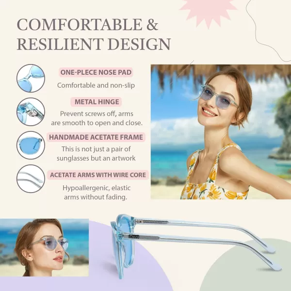 DUCO Retro Round UV400 Polarized Sunglasses for Women Men Vintage Shades Classic Acetate Trendy Fashion Sunglass DC1230Transparent Blue Frame Blue Lens