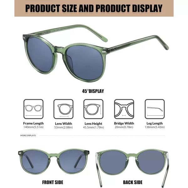 DUCO Retro Round UV400 Polarized Sunglasses for Women Men Vintage Shades Classic Acetate Trendy Fashion Sunglass DC1230Transparent Green Frame Grey Lens